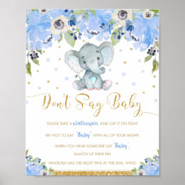Blue Floral Elephant Say Baby Shower Game Poster