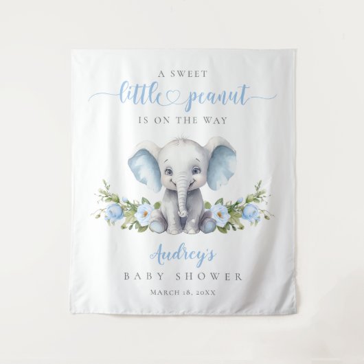 Blue Floral Elephant Watercolor Babydusche Wandteppich (Vorderseite)