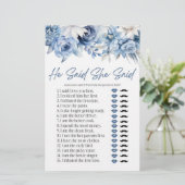 Blue Floral Er sagte, sie sagte Brautparty Game Briefpapier (Stehend Vorderseite)