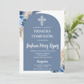 Blue Floral erste Kommune Spanische Einladung (Stehend Vorderseite)