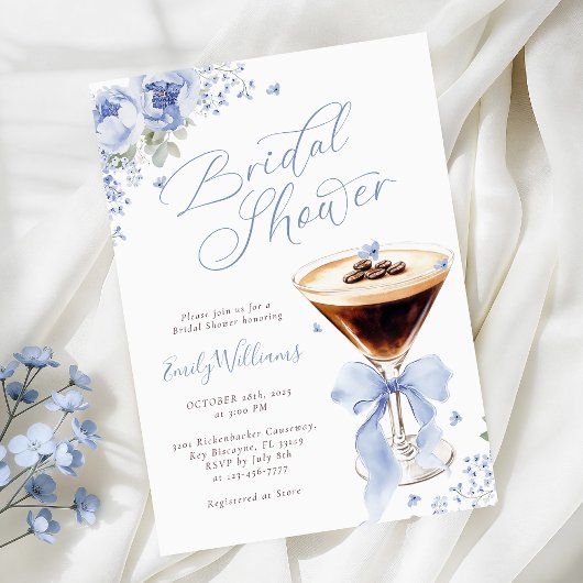 Blue Floral Espresso Martini Bridal Shower Einladung