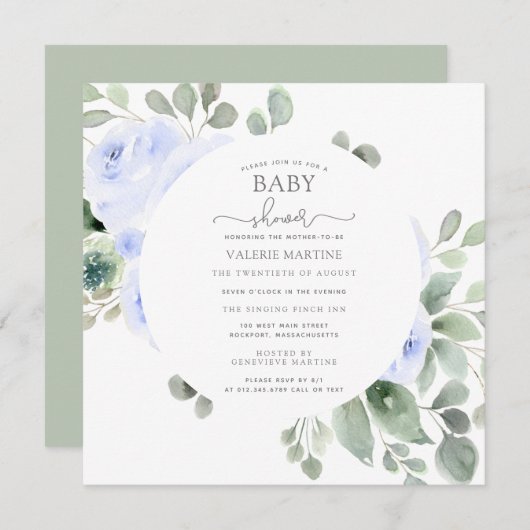 Blue Floral Eucalyptus Botanical Baby Dusche Einladung (Vorne/Hinten)