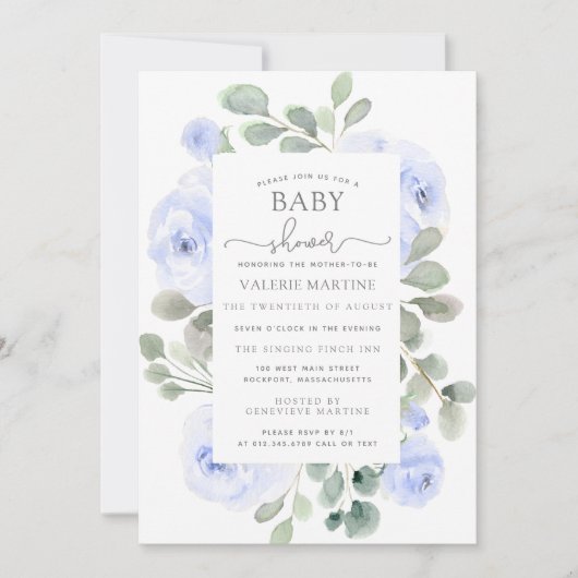 Blue Floral Eucalyptus Botanical Baby Dusche Einladung (Vorderseite)