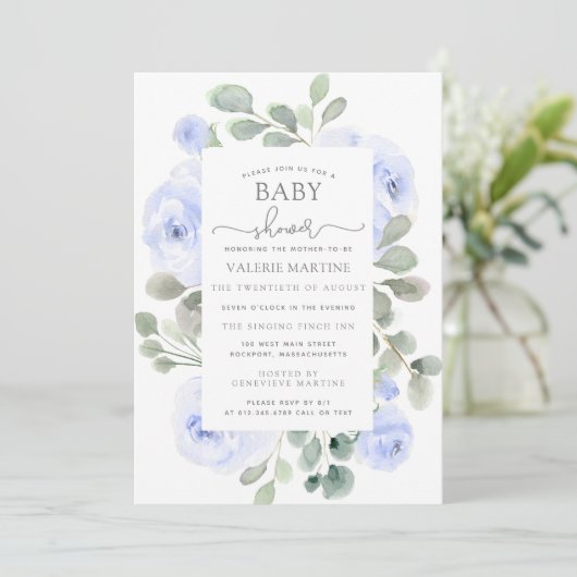 Blue Floral Eucalyptus Botanical Baby Dusche Einladung (Stehend Vorderseite)