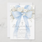 Blue Floral Eucalyptus Bow Boy Baptism Einladung (Vorderseite)
