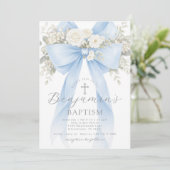 Blue Floral Eucalyptus Bow Boy Baptism Einladung (Stehend Vorderseite)