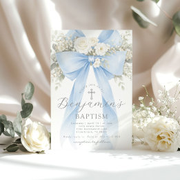 Blue Floral Eucalyptus Bow Boy Baptism Einladung