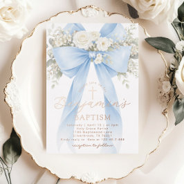 Blue Floral Eucalyptus Bow Boy Baptism Folieneinladung