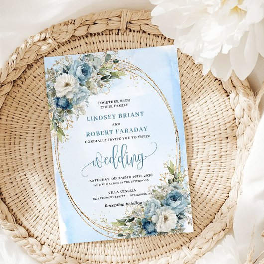 Blue Floral Eucalyptus Gold Glitter Wedding Invite Einladung