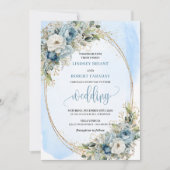 Blue Floral Eucalyptus Gold Glitter Wedding Invite Einladung (Vorderseite)