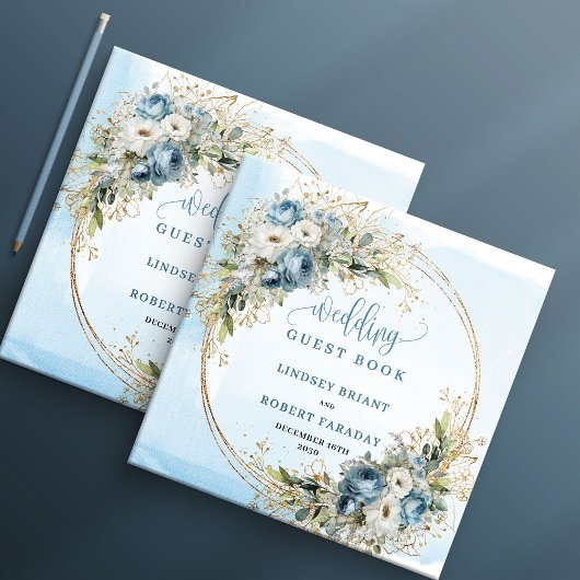 Blue Floral Eucalyptus Gold Wedding Sign In Book Gästebuch