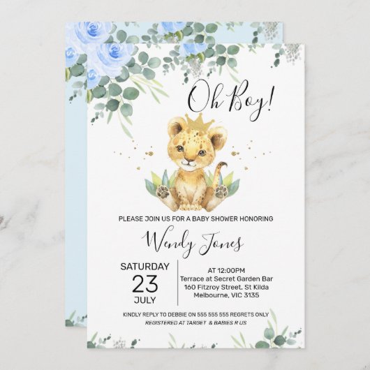 Blue Floral Eucalyptus Lion King Baby Dusche Einladung (Vorne/Hinten)
