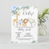Blue Floral Eucalyptus Niedlich Safari Baby Dusche Einladung (Stehend Vorderseite)