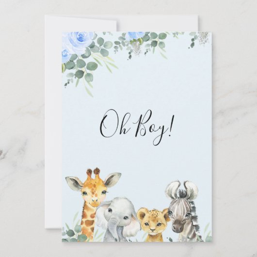 Blue Floral Eucalyptus Safari Heads Baby Dusche Einladung (Rückseite)