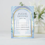 Blue Floral Fairytale Castle Wedding RSVP Karte (Stehend Vorderseite)