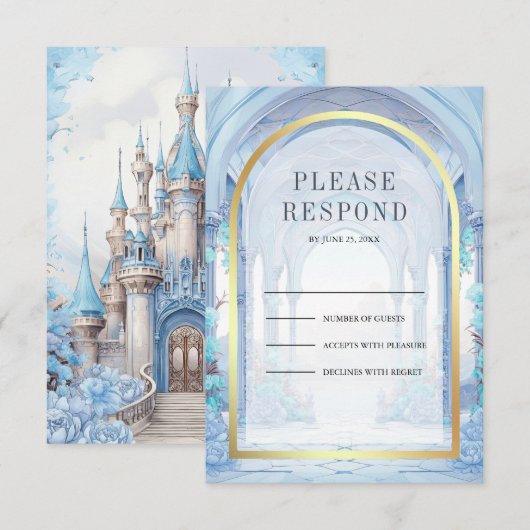 Blue Floral Fairytale Castle Wedding RSVP Karte (Vorne/Hinten)