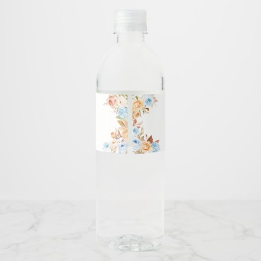 Blue Floral Fall Pumpkin Baby Dusche Wasserflaschenetikett (Rückseite)