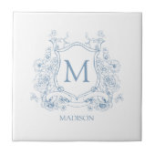 Blue Floral Family Crest Monogram Ceramic Tile Fliese (Vorderseite)