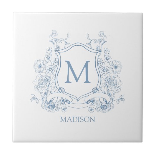 Blue Floral Family Crest Monogram Ceramic Tile Fliese (Vorderseite)