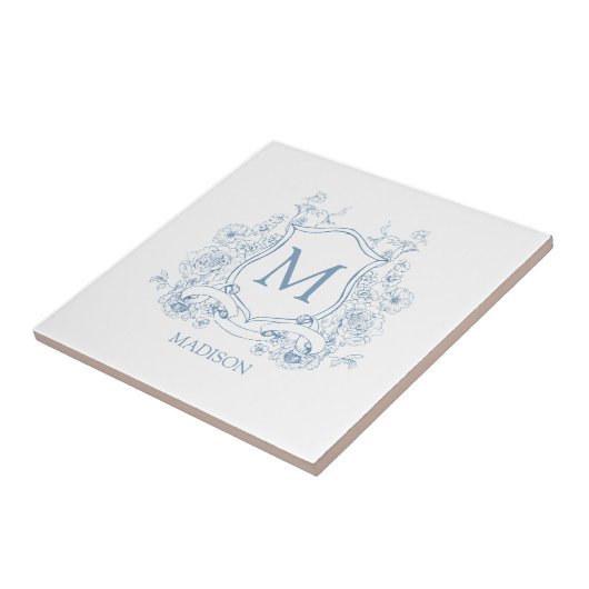 Blue Floral Family Crest Monogram Ceramic Tile Fliese (Seite)
