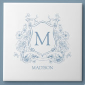Blue Floral Family Crest Monogram Ceramic Tile Fliese