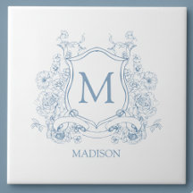 Blue Floral Family Crest Monogram Ceramic Tile