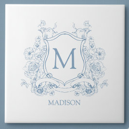 Blue Floral Family Crest Monogram Ceramic Tile Fliese