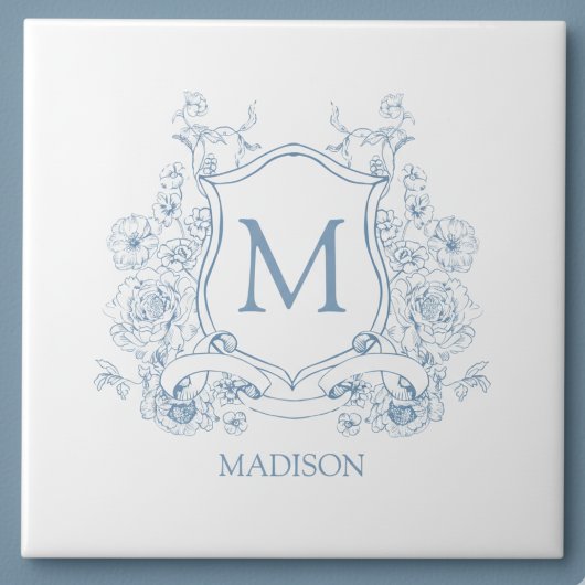 Blue Floral Family Crest Monogram Ceramic Tile Fliese