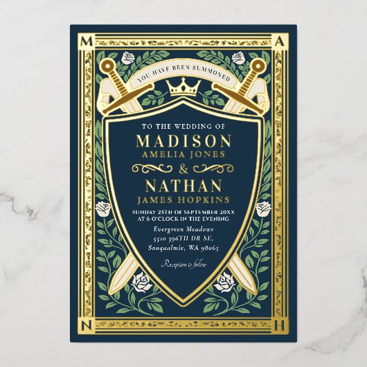 Blue Floral Fantasy Swords Shield Monogram Wedding Folieneinladung (Vorderseite)