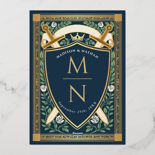 Blue Floral Fantasy Swords Shield Monogram Wedding Folieneinladung (Rückseite)