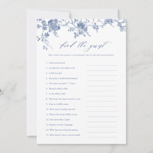 Blue Floral Finden Sie die Game Card des Brautpart Einladung (Vorderseite)