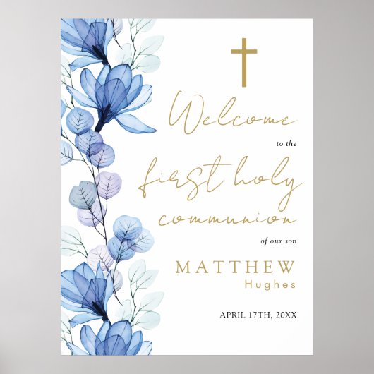 Blue Floral First Heilige Kommune Begrüßungszeiche Poster (Vorne)