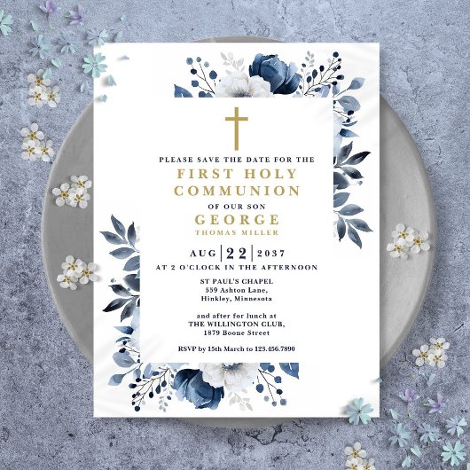 Blue Floral First Heilige Kommune Save the Date Postkarte