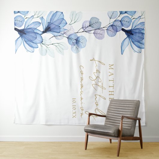 Blue Floral First Heilige Kommunion Foto Hintergru Wandteppich (Beispiel (Horizontal))