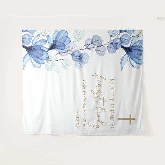 Blue Floral First Heilige Kommunion Foto Hintergru Wandteppich (Vorderseite (Horizontal))