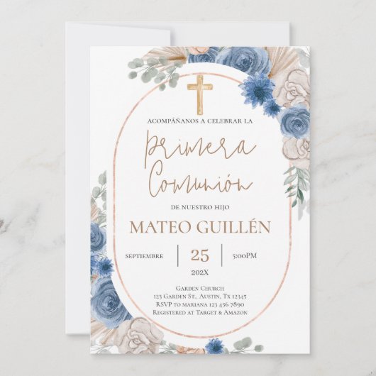 Blue Floral First Kommune Spanische Einladung (Vorderseite)