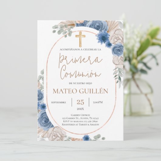 Blue Floral First Kommune Spanische Einladung (Stehend Vorderseite)