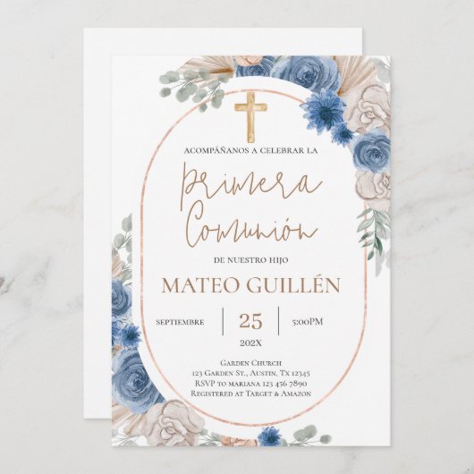 Blue Floral First Kommune Spanische Einladung (Vorne/Hinten)