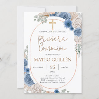 Blue Floral First Kommune Spanische Einladung