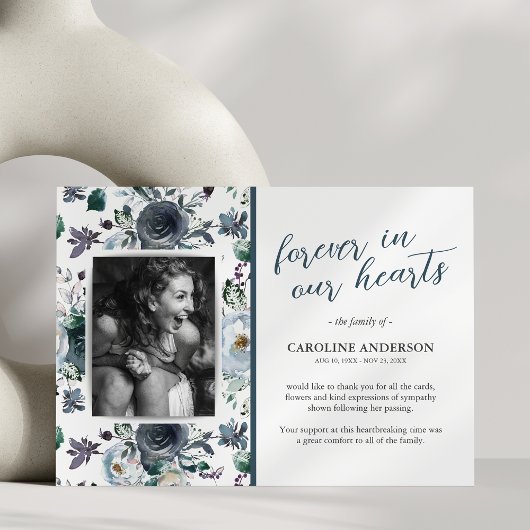 Blue Floral Foto Beerdigung Danke Karte