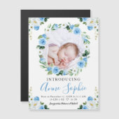 Blue Floral Foto Birth Announctions Cards Magnetkarte (Vorne/Hinten)