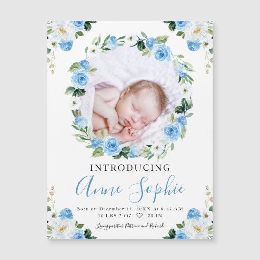 Blue Floral Foto Birth Announctions Cards Magnetkarte (Vorderseite)