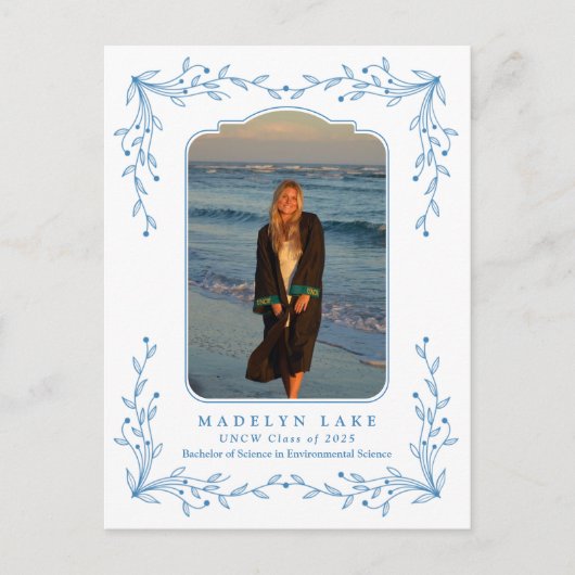 Blue Floral Frame Coastal Graduation Postcard Postkarte (Vorderseite)