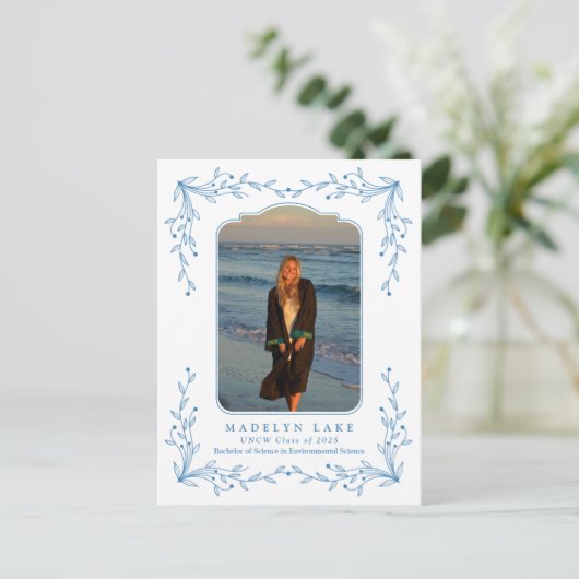 Blue Floral Frame Coastal Graduation Postcard Postkarte (Stehend Vorderseite)