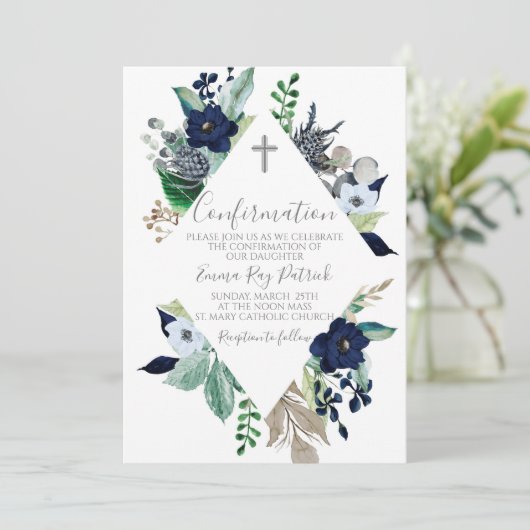 Blue Floral Frame Confirmation Einladung (Stehend Vorderseite)