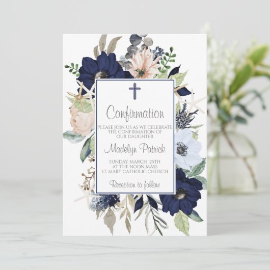 Blue Floral Frame Confirmation Einladung (Stehend Vorderseite)