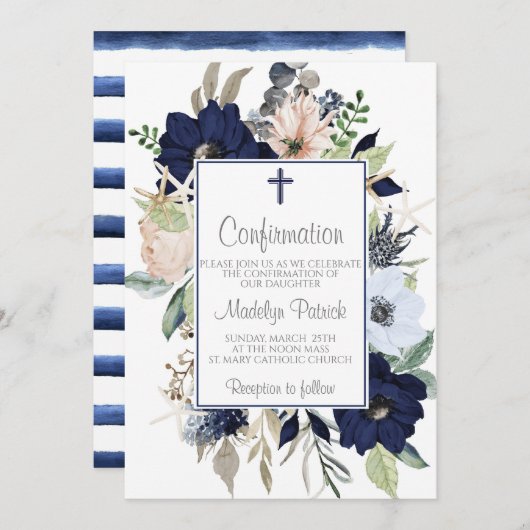 Blue Floral Frame Confirmation Einladung (Vorne/Hinten)