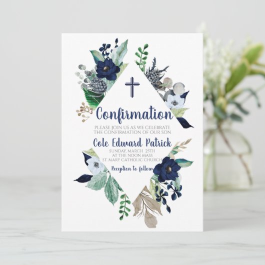 Blue Floral Frame Confirmation Einladung (Stehend Vorderseite)