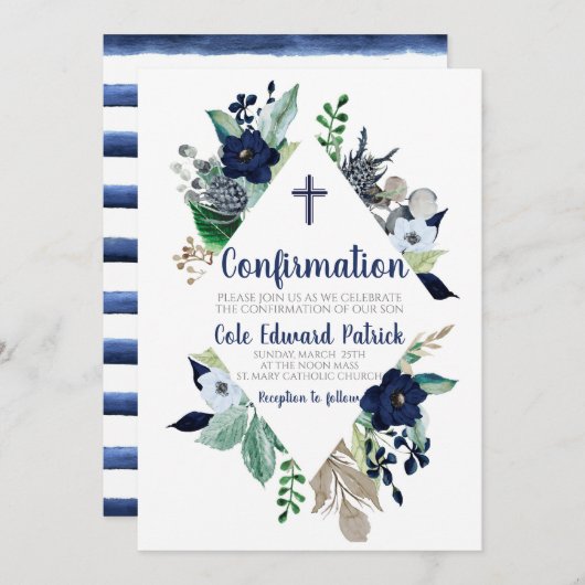 Blue Floral Frame Confirmation Einladung (Vorne/Hinten)