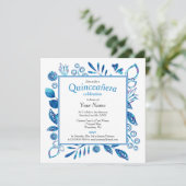 Blue Floral Frame Quinceñera Square Einladung (Stehend Vorderseite)